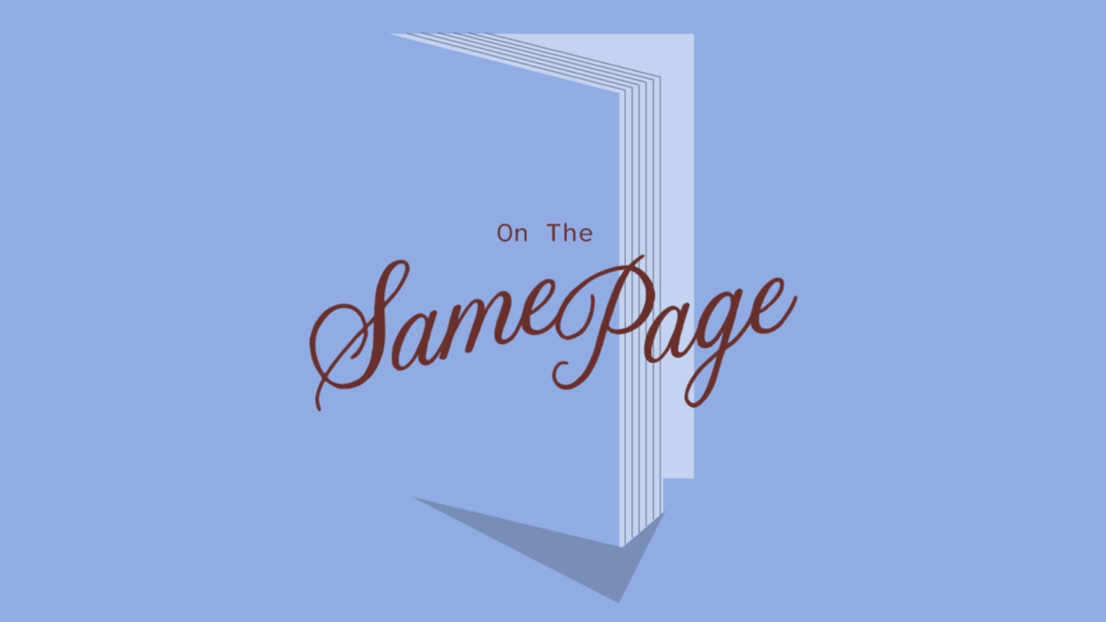 "On The Same Page" logo featuring an open book illustration in periwinkle blue, with the title in a mix of serif and cursive script lettering in deep red-brown.