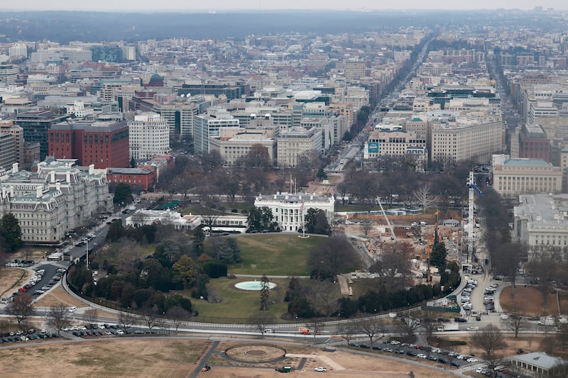 Viewed from the observation level of the Washington Monument, demolition work continues where the East Wing once stood at the White House on January 05, 2026. Trump ordered the 123-year-old East Wing and Jacqueline Kennedy Garden to be leveled to make way for a new 90,000-square-foot ballroom.