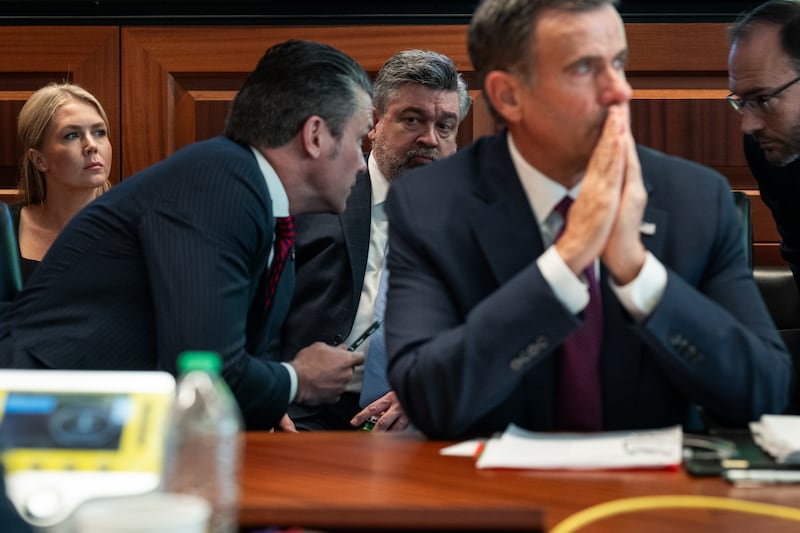 From left, White House press secretary Karoline Leavitt, Defense Secretary Pete Hegseth, White House Counsel David Warrington, CIA Director John Rattcliffe and security advisor Andy Baker.