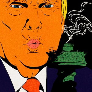 Donald Trump blowing out the torch of the statue of liberty