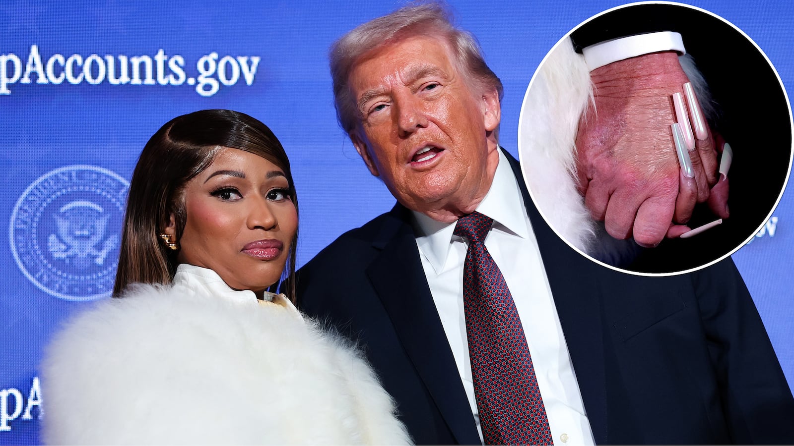WASHINGTON, DC - JANUARY 28: Musician Nicki Minaj (L) joins U.S. President Donald Trump on stage as he delivers remarks during the Treasury Department's Trump Accounts Summit at Andrew W. Mellon Auditorium on January 28, 2026 in Washington, DC. "Trump Accounts" are a portion of recently passed tax and spending legislation where the federal government will deposit $1,000 into investment accounts for every child born between 2025 and 2028 once parents sign their children up while filing their income taxes. (Photo by Win McNamee/Getty Images)