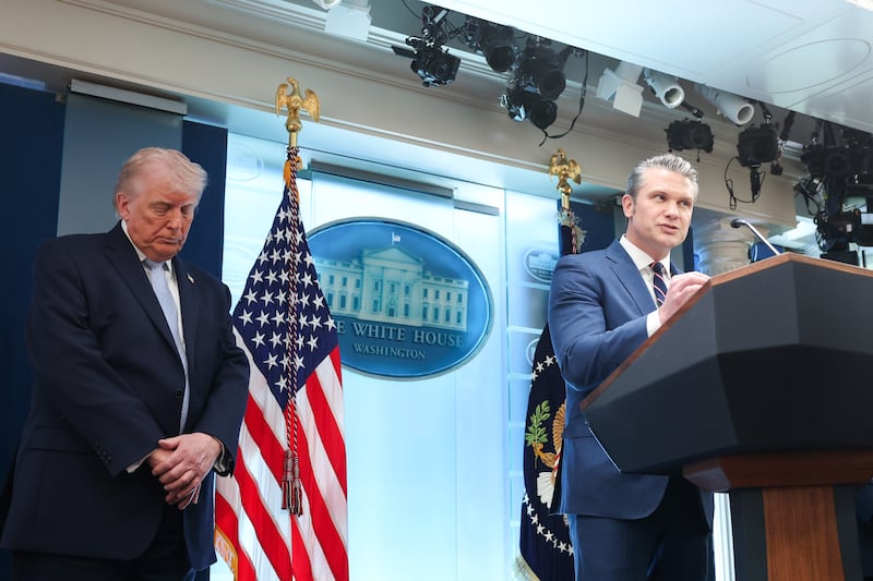 President Donald Trump, 79, stands with his eyes closed as Defense Secretary Pete Hegseth speaks during a news conference at the White House on April 06, 2026 in Washington, DC.