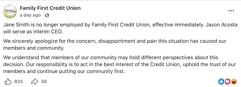 Statement by Family First Credit Union about Jane Smith.