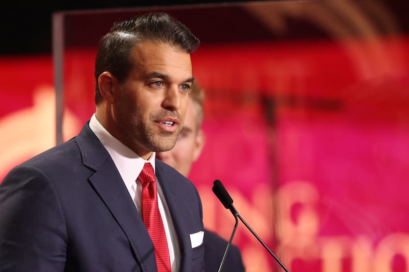Andrew Kolvet, producer of The Charlie Kirk Show, speaks during the public memorial service for right-wing activist Charlie Kirk at State Farm Stadium in Glendale, Arizona, on September 21, 2025.