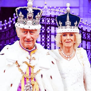 A photo illo illustration of King Charles, Camilla, and the gates of Buckingham Palace.