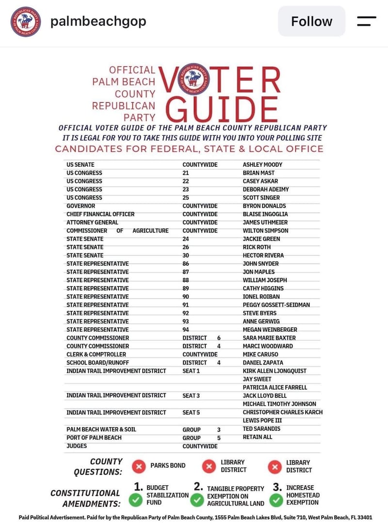 Screenshot of the Palm Beach Republican Party's voter guide.