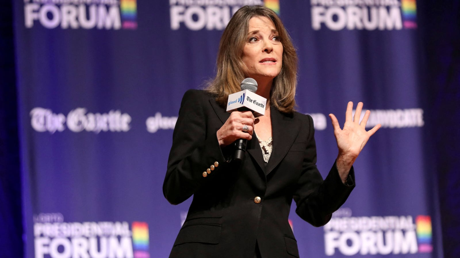 Democratic presidential candidate and author Marianne Williamson speaks at the One Iowa and GLAAD LGBTQ Presidential Forum in Cedar Rapids, Iowa, September 20, 2019.