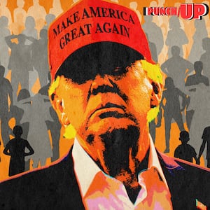A photo illustration illo of Donald Trump and silhouettes of people for PunchUp substack.