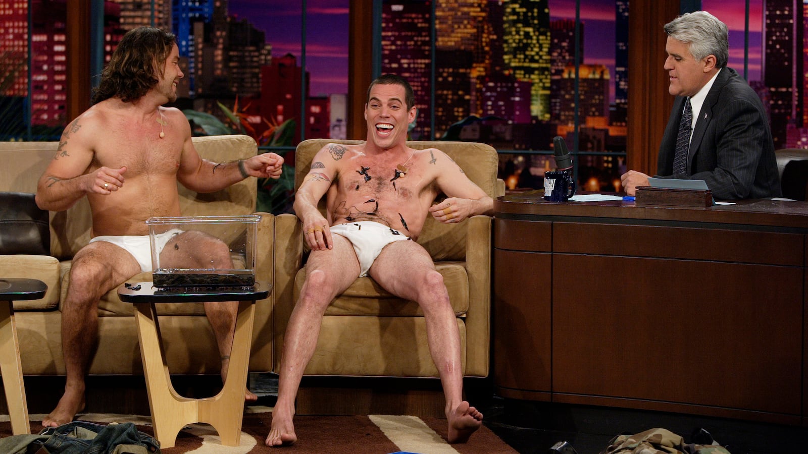 Steve-O, center, with Chris Pontius and Jay Leno on September 16, 2005