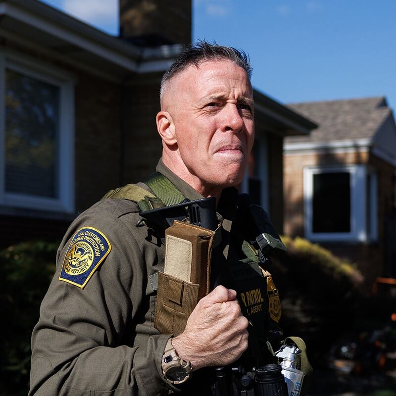 Border Patrol Cmdr. Gregory Bovino walks with agents conducting immigration enforcement sweeps in the Edison Park neighborhood on Oct. 31, 2025, in Chicago. (Armando L. Sanchez/Chicago Tribune/Tribune News Service via Getty Images)