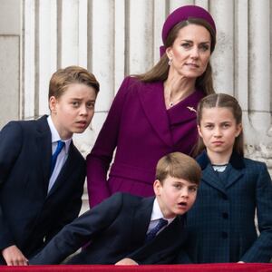 Prince George, Catherine, Princess of Wales, Prince Louis and Princess Charlotte watch the flypast to mark the 80th anniversary of VE Day on May 05, 2025 in London, England.