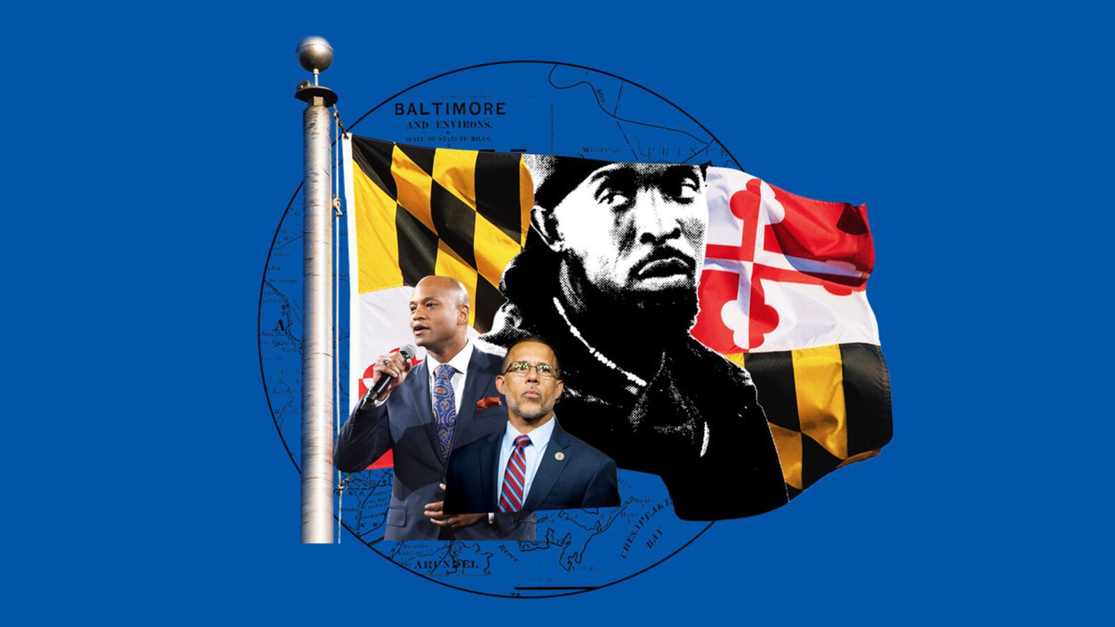 Illustration featuring Maryland's state flag with Wes Moore and Rep. Anthony Brown.