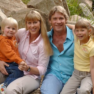 Steve Irwin poses with his family at Australia Zoo in Beerwah, Australia, on June 19, 2006.