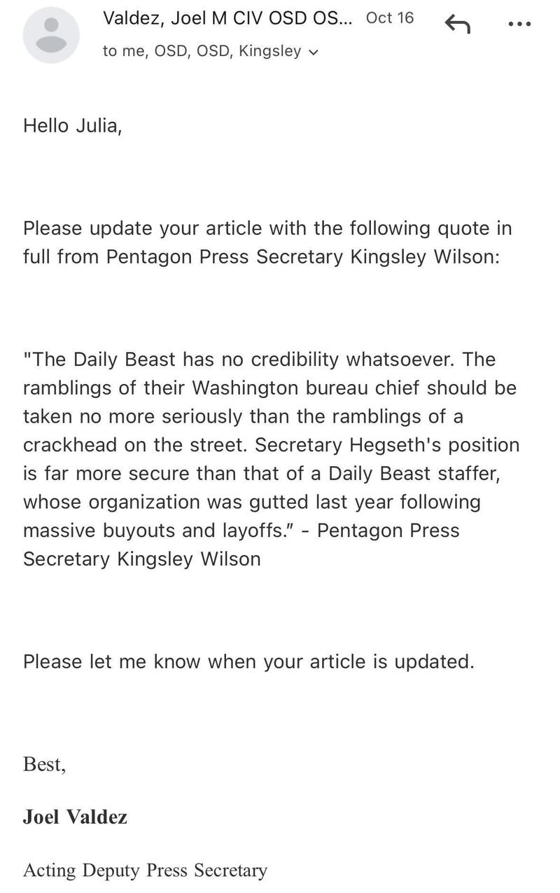 Request for comment correspondences between The Daily Beast and the Trump administration.