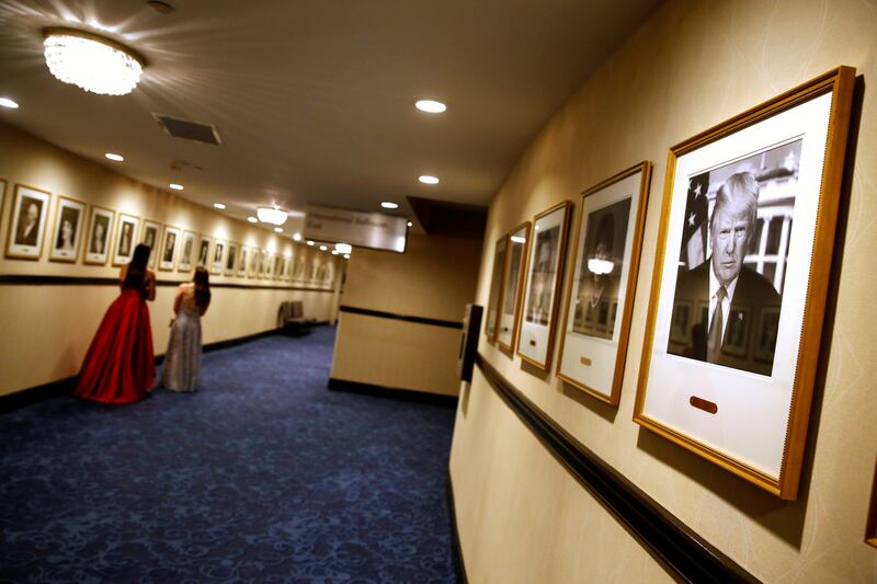 A portrait of U.S. President Donald Trump hangs in a gallery of presidents in a hallway at the Washington Hilton during the White House Correspondents' Association dinner, which Trump did not attend, in Washington, U.S. April 29, 2017. REUTERS/Jonathan Ernst