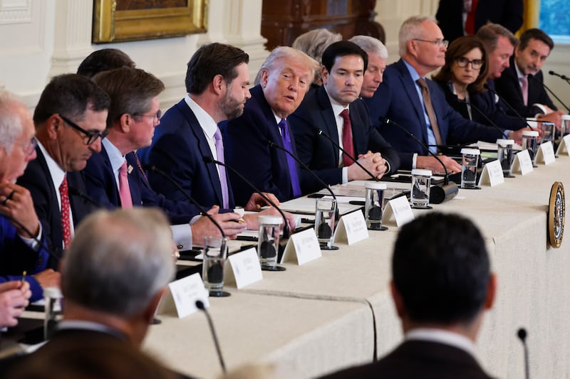 President Donald Trump (C) speaks during a meeting with oil and gas executives in the East Room of the White House on January 9, 2026 in Washington, DC.