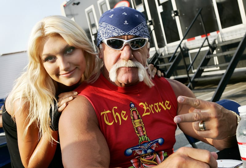 LOS ANGELES - MAY 6: (EXCLUSIVE ACCESS) Pro-wrestler Hulk Hogan (R) poses with daughter Brooke Hohan on the set of her music video shoot 'Bout Us' on May 6, 2006 in Los Angeles, California. (Photo by Vince Bucci/Getty Images)