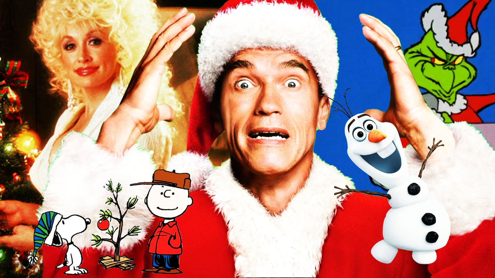 A photo illustration featuring a collage of stills from A Smoky Mountain Christmas, Jingle All the Way, A Charlie Brown Christmas, Frozen, and How the Grinch Stole Christmas