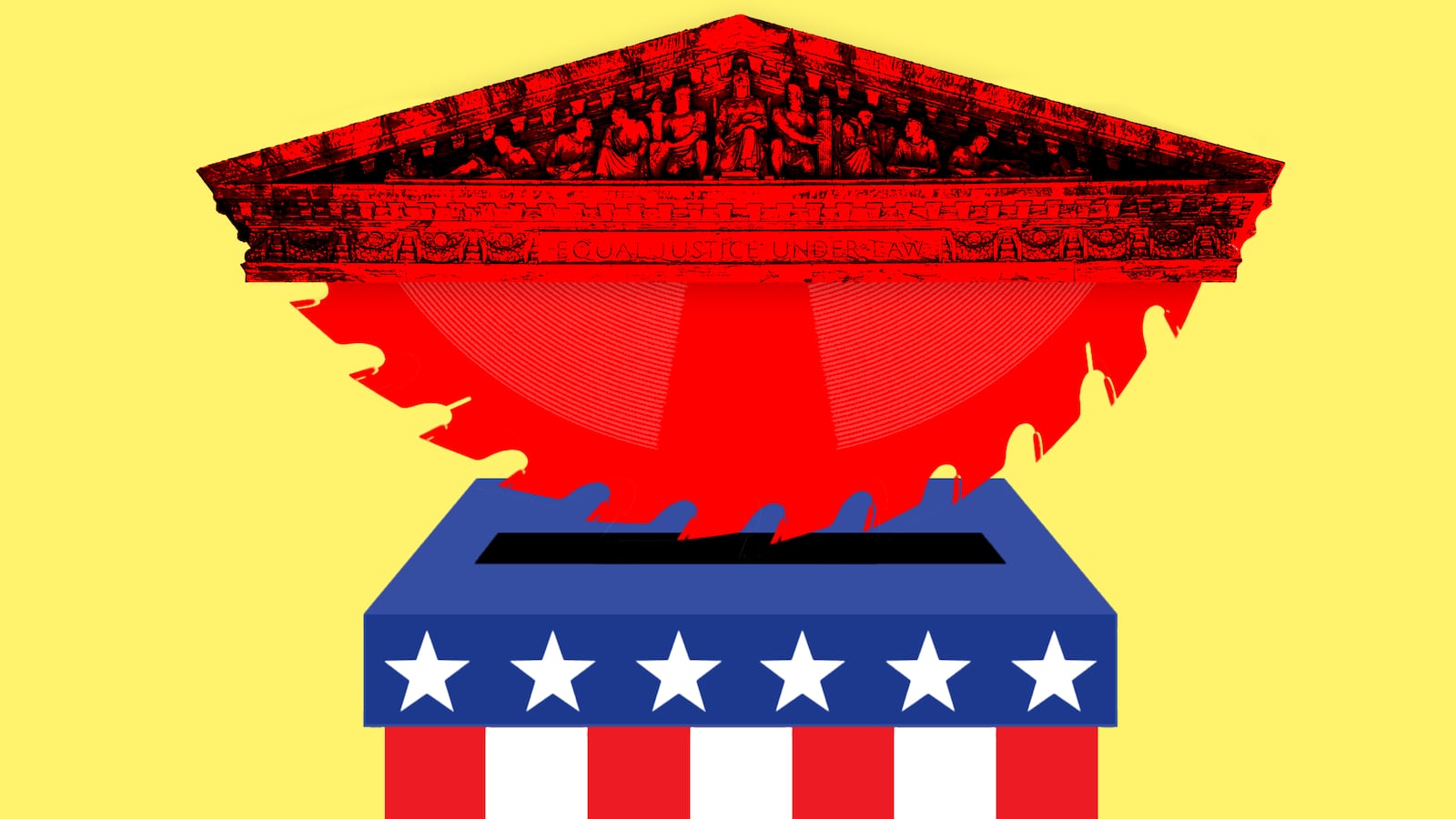 A photo illustration illo of the Supreme Court as a saw and a voter ballot box.