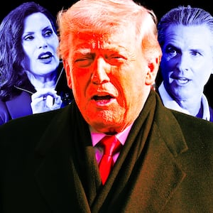 A photo illustration of Governors Moore, Whitmer, Donald Trump, Newsom, and Beshear.