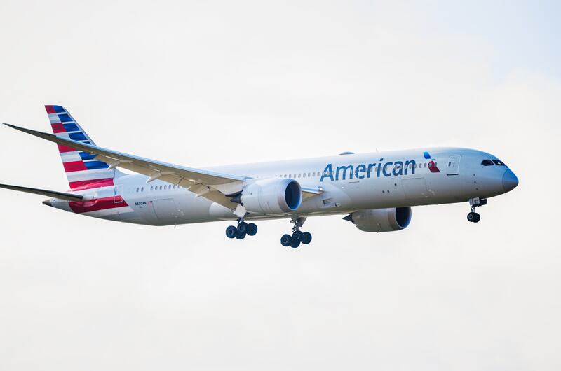 Auckland, New Zealand  March 01 2025: American Airlines N830AN Boeing 787-9 Dreamliner flying towards Auckland International Airport.