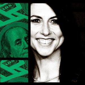 A photo illustration showing grids of money and MacKenzie Scott