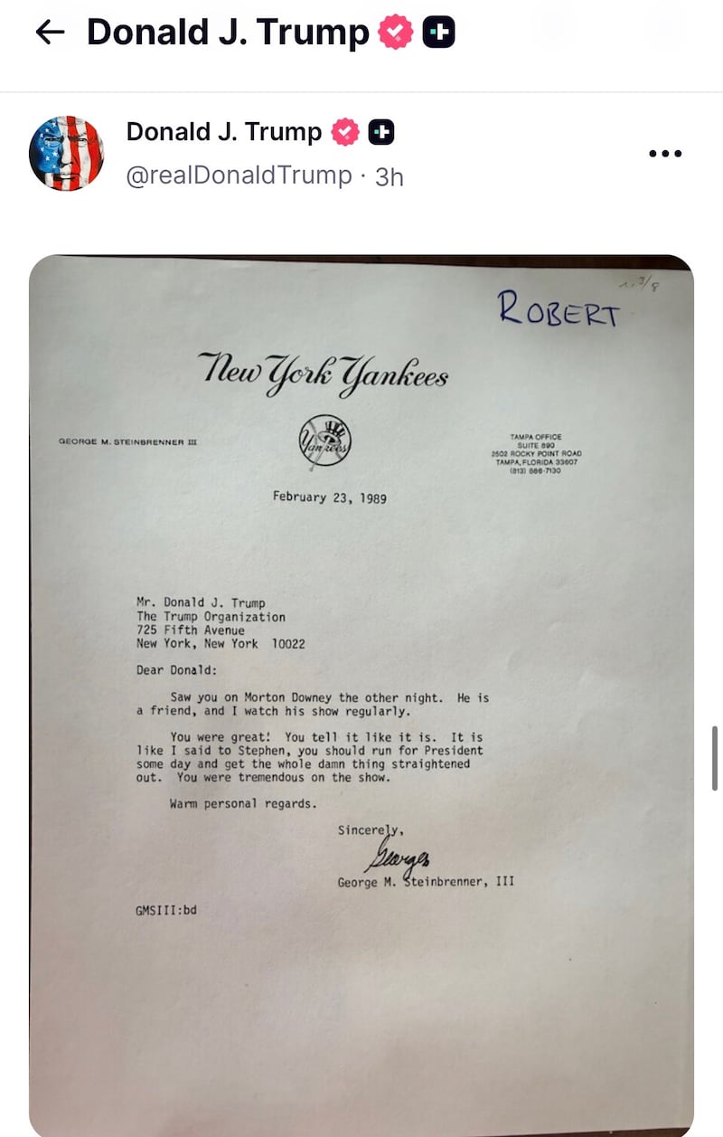 Trump also shared the letter from the convicted felon in February.