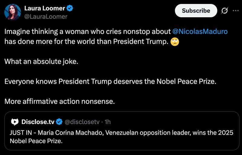 Loomer reacted minutes after news of Trump's snub broke.