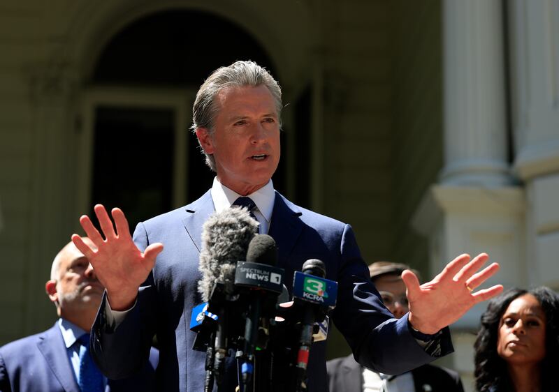 speaks during a news conference with Texas lawmakers at the Governor’s Mansion on July 25, 2025 in Sacramento, California. California Gov. Gavin Newsom met with Texas lawmakers to push back on Texas's redistricting maneuver that aims to tilt the outcome of the 2026 midterm elections and on how California plans to respond. (Photo by Justin Sullivan/Getty Images)