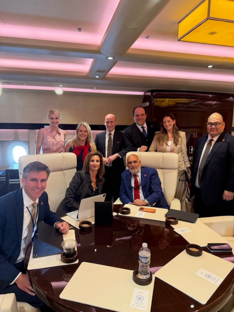Ross Worthington, Natalie Harp, Karoline Leavitt, Meredith O’Rourke, Stephen Miller, Boris Epshteyn, Margo Martin on Air Force One.