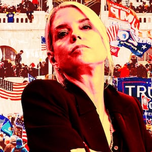 A photo illustration of Pam Bondi in front of the Jan. 6 Capitol riot.