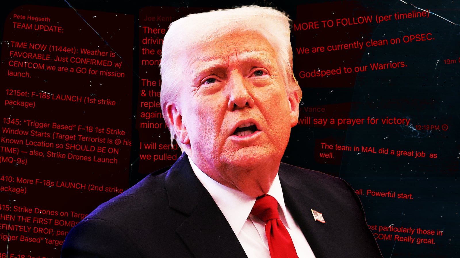 A photo illustration of President Donald Trump and his admin's Signal chat messages about their Yemen attack.