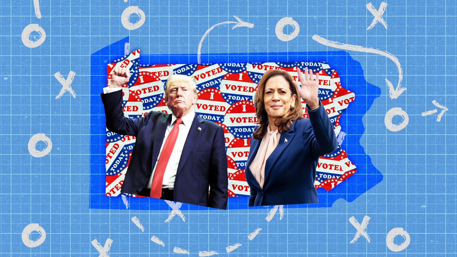 A photo illustration of Donald Trump, Kamala Harris, and the map of Pennsylvania.