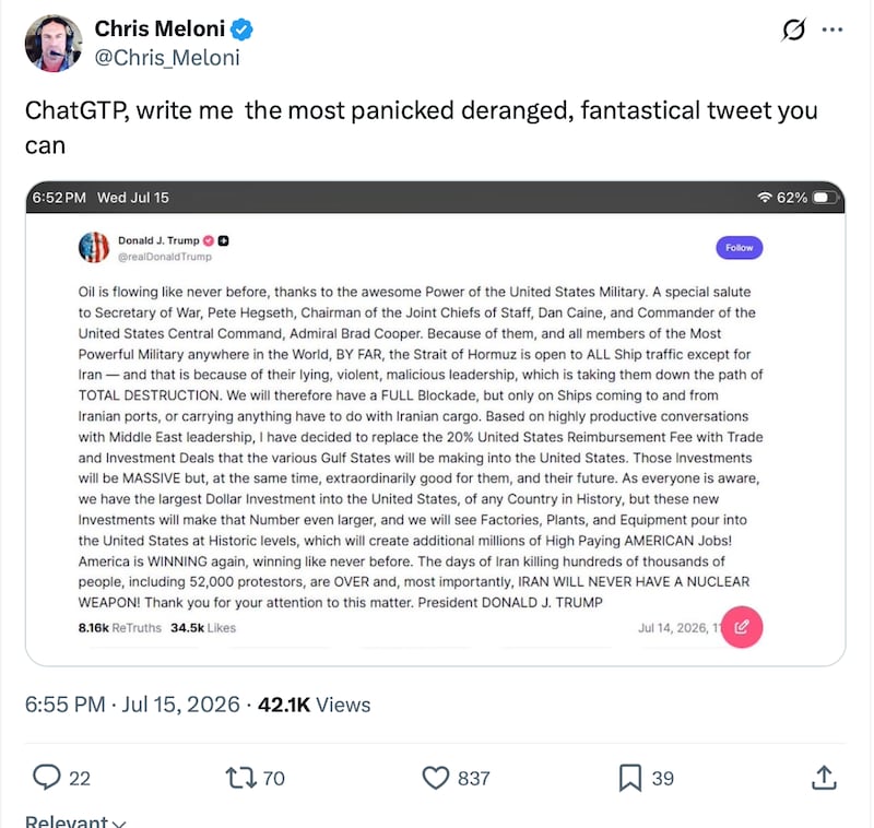 Meloni called Trump's post "panicked" and "deranged."