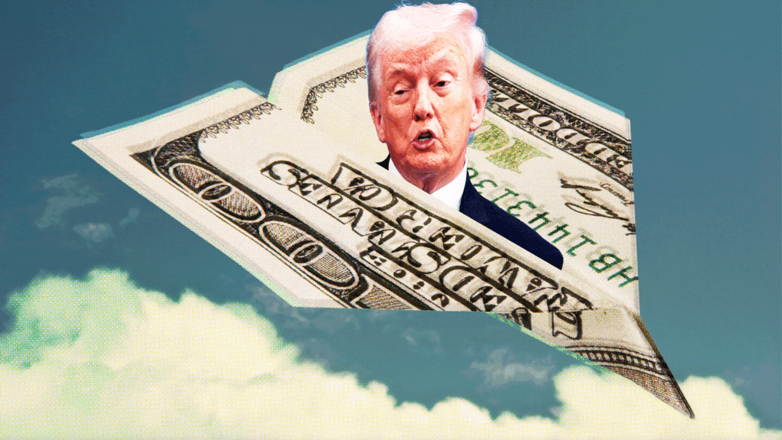 Donald Trump coming out a $100 bill paper plane