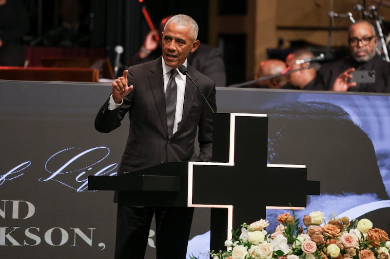 Former U.S. President Barack Obama speaks during a memorial service to celebrate the life of the civil rights leader Reverend Jesse Jackson, in Chicago, Illinois, U.S., March 6, 2026. REUTERS/Jim Vondruska