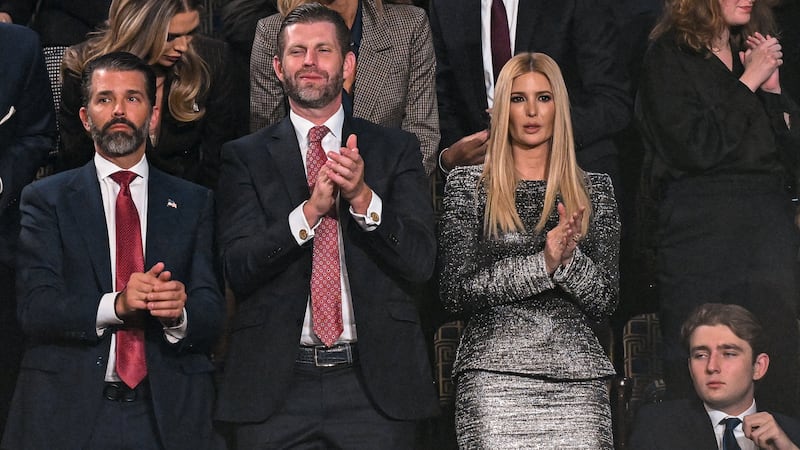 Donald Trump Jr., Eric Trump, Ivanka Trump and Barron Trump applaud as U.S. President Donald J. Trump delivers the first State of the Union address of his second term to a joint session of Congress in the House Chamber of the United States Capitol in Washington, D.C., U.S., on Tuesday, February 24, 2026.