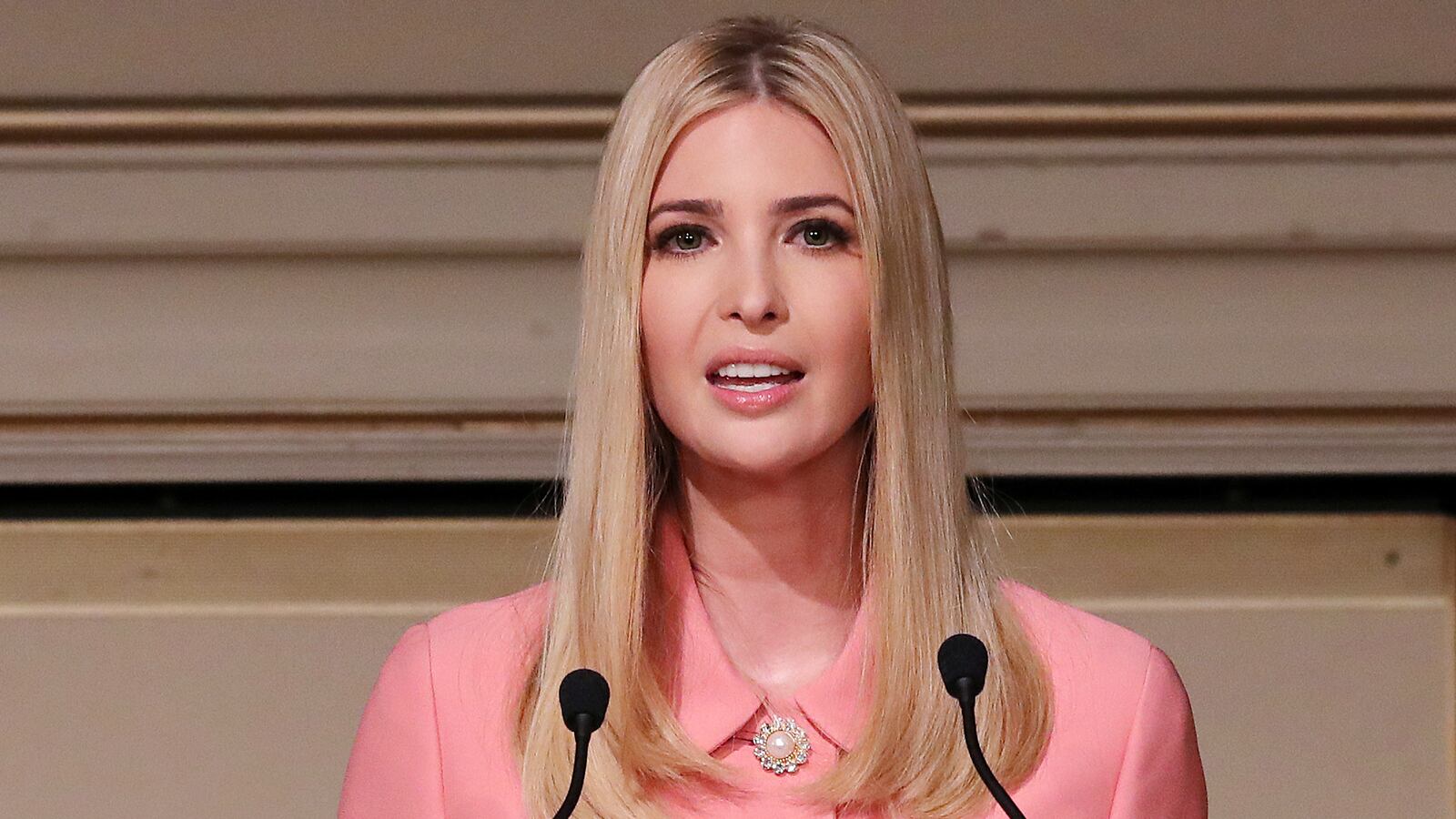 Ivanka Trump speaks into a microphone.