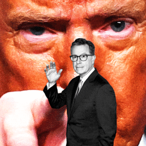 Illo illustration gif of Donald Trump pointing at Stephen Colbert waving
