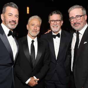 78th PRIMETIME EMMY AWARDS -- Pictured: (l-r) Jimmy Kimmel, Jon Stewart, Stephen Colbert and John Oliver attend the 78th Primetime Emmy Awards held at the Peacock Theater on September 14, 2026. -- (Photo by: Todd Williamson/NBC via Getty Images)