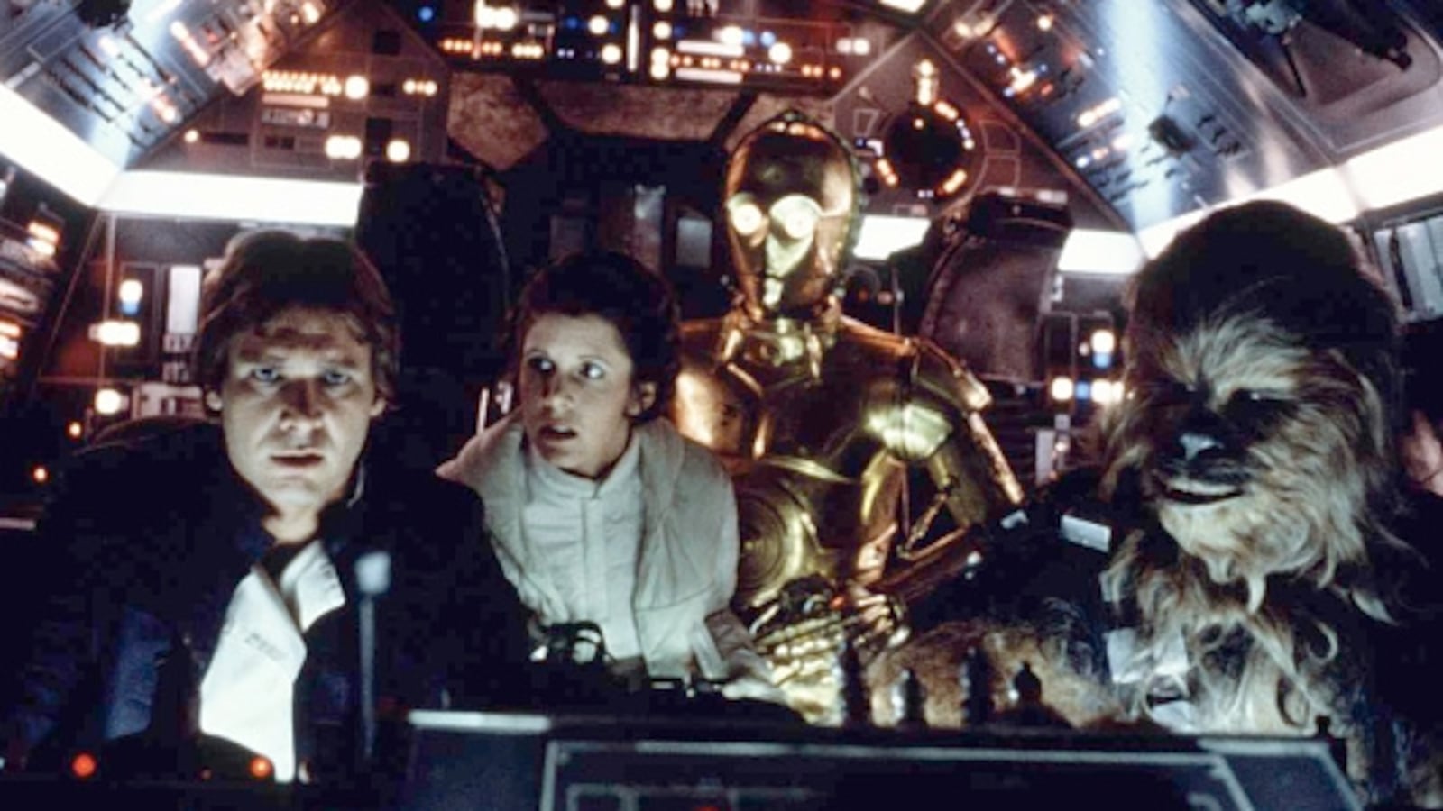 American actors Harrison Ford, Carrie Fisher, British actors Anthony Daniels and Peter Mayhew on the set of Star Wars: Episode V - The Empire Strikes Back directed by Irvin Kershner. (Photo by Lucasfilm/Sunset Boulevard/Corbis via Getty Images)
