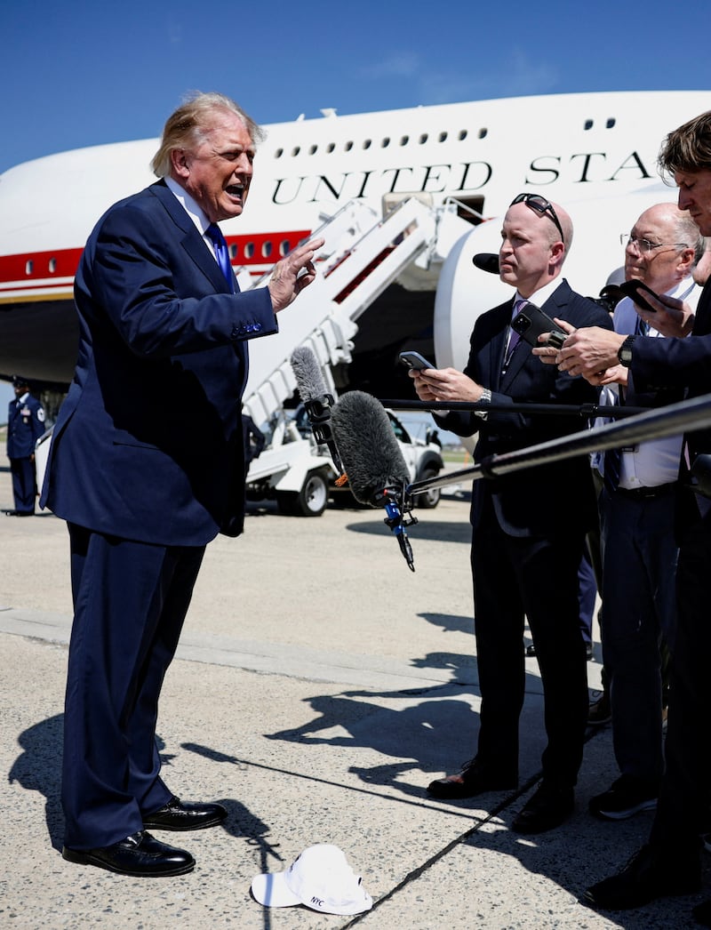 U.S. President Donald Trump speaks to the media before boarding Air Force One for a trip to the Republican National Midterm Convention, at Joint Base Andrews, Maryland, U.S. September 9, 2026.