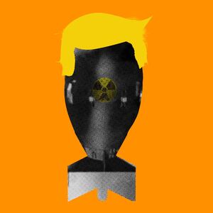 Nuclear bomb with Donald Trump's hair on top on an orange background
