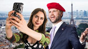 A photo illustration of Lily Collins in Emily in Paris and JD Vance.