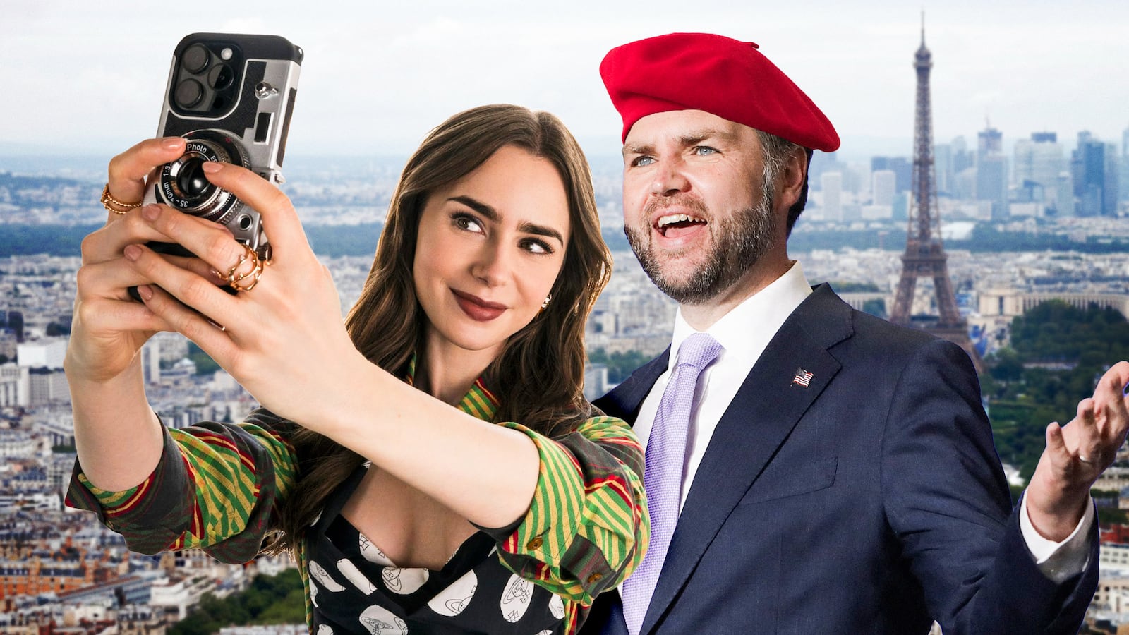 A photo illustration of Lily Collins in Emily in Paris and JD Vance.