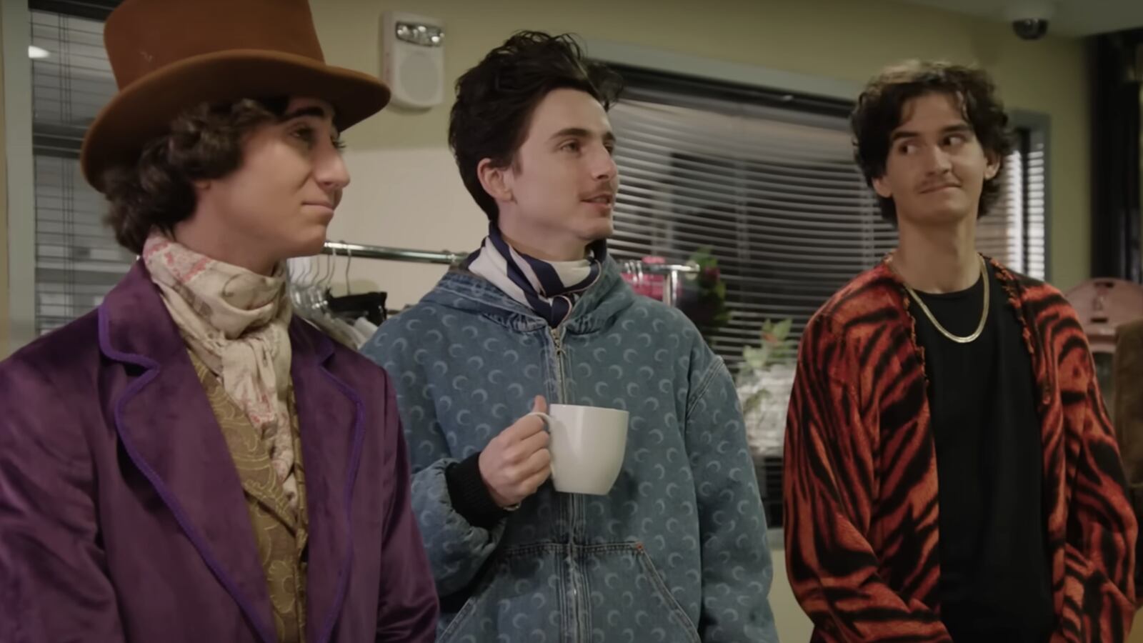 Timothée Chalamet (center) with participants from his lookalike competition on the set of “Saturday Night Live.”