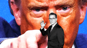 Illo illustration gif of Donald Trump pointing at Stephen Colbert waving