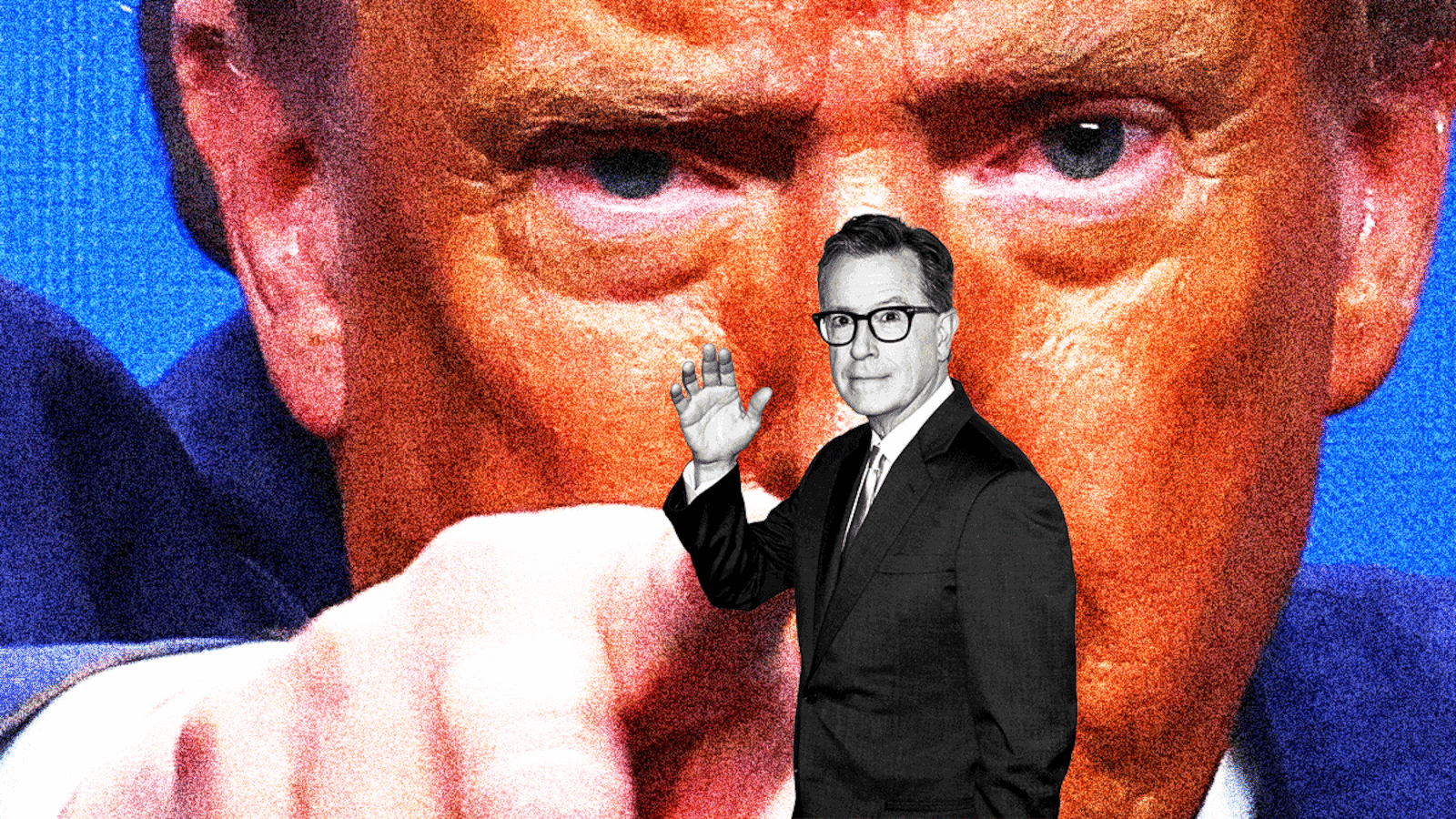 Illo illustration gif of Donald Trump pointing at Stephen Colbert waving