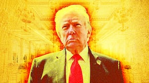 A photo illo illustration of Donald Trump in the mockup of his White House ballroom.