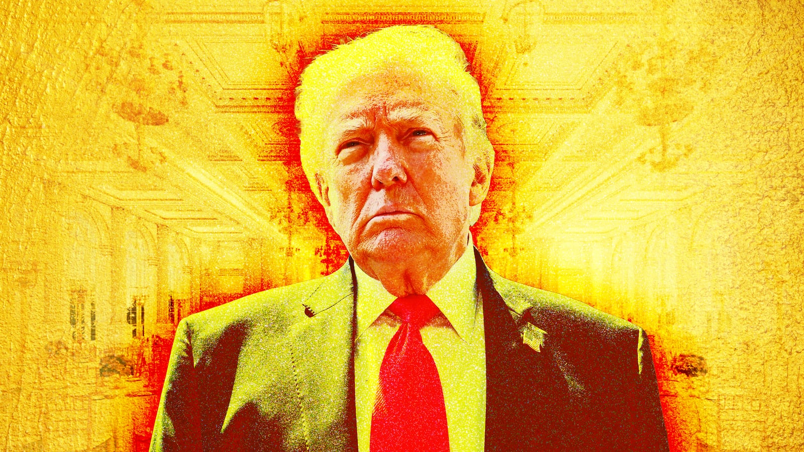 A photo illo illustration of Donald Trump in the mockup of his White House ballroom.